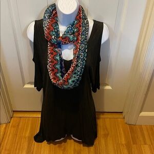 Soft Charcoal Grey Cold Shoulder Top with Multicolor Chevron Infinity Scarf